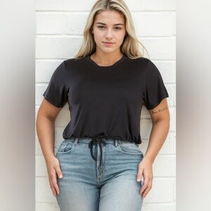 🟠332B-BLACK. Drawstring Short Sleeve Top